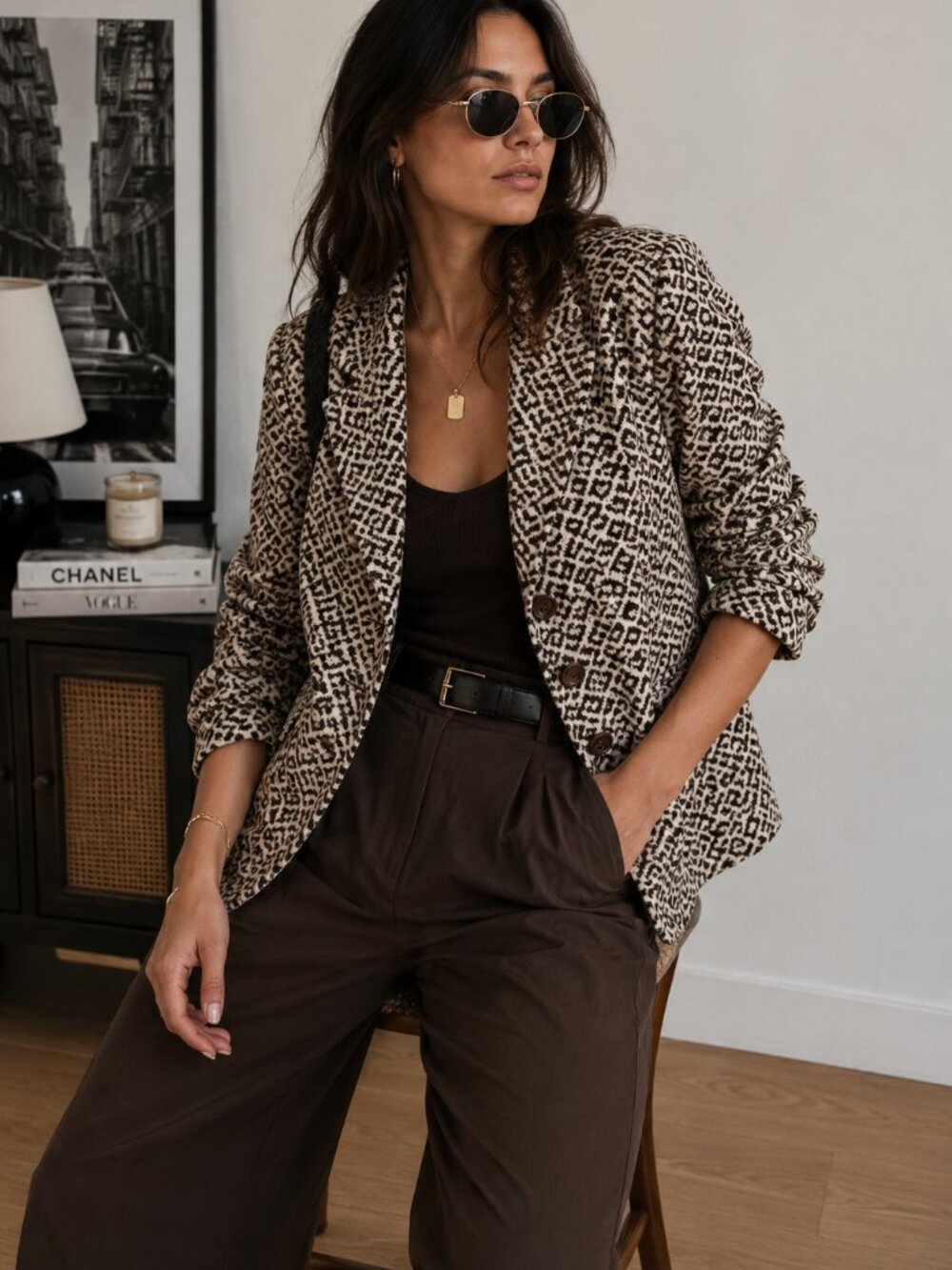 Russell Kemp Brown Textured Cotton Jacket Size 16 Animal Print Blazer 90s